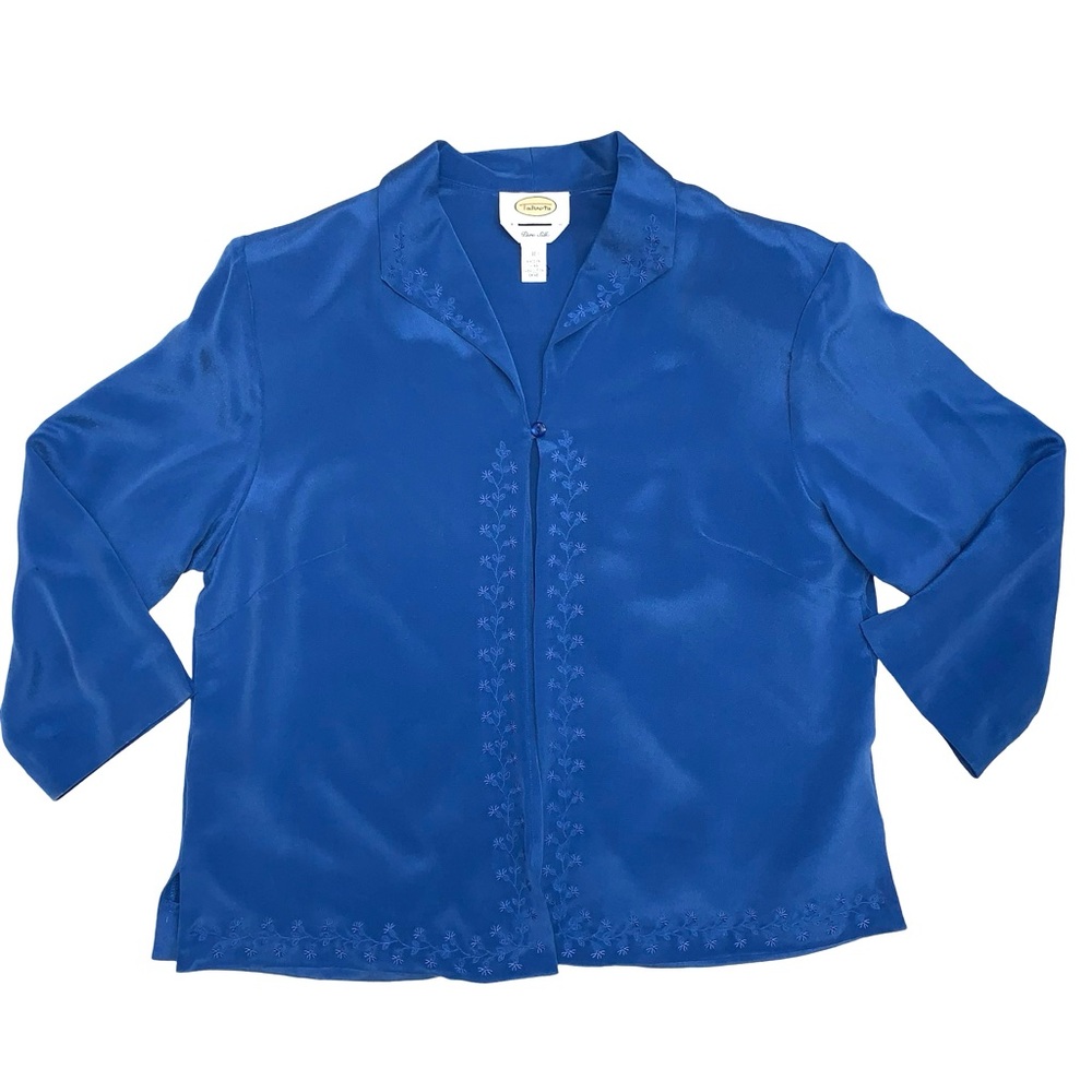 Talbots Pure Silk Embroidered Jacket Floral Blue Party Layering Dainty 80s 90s